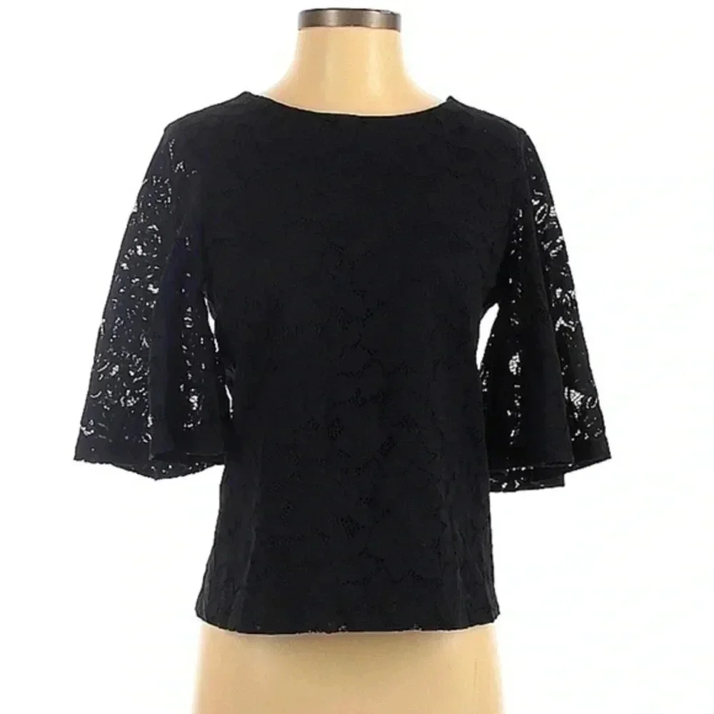 Banana Republic Black Lace Bell Flutter Whimsigoth Chic Crochet Blouse Size XS